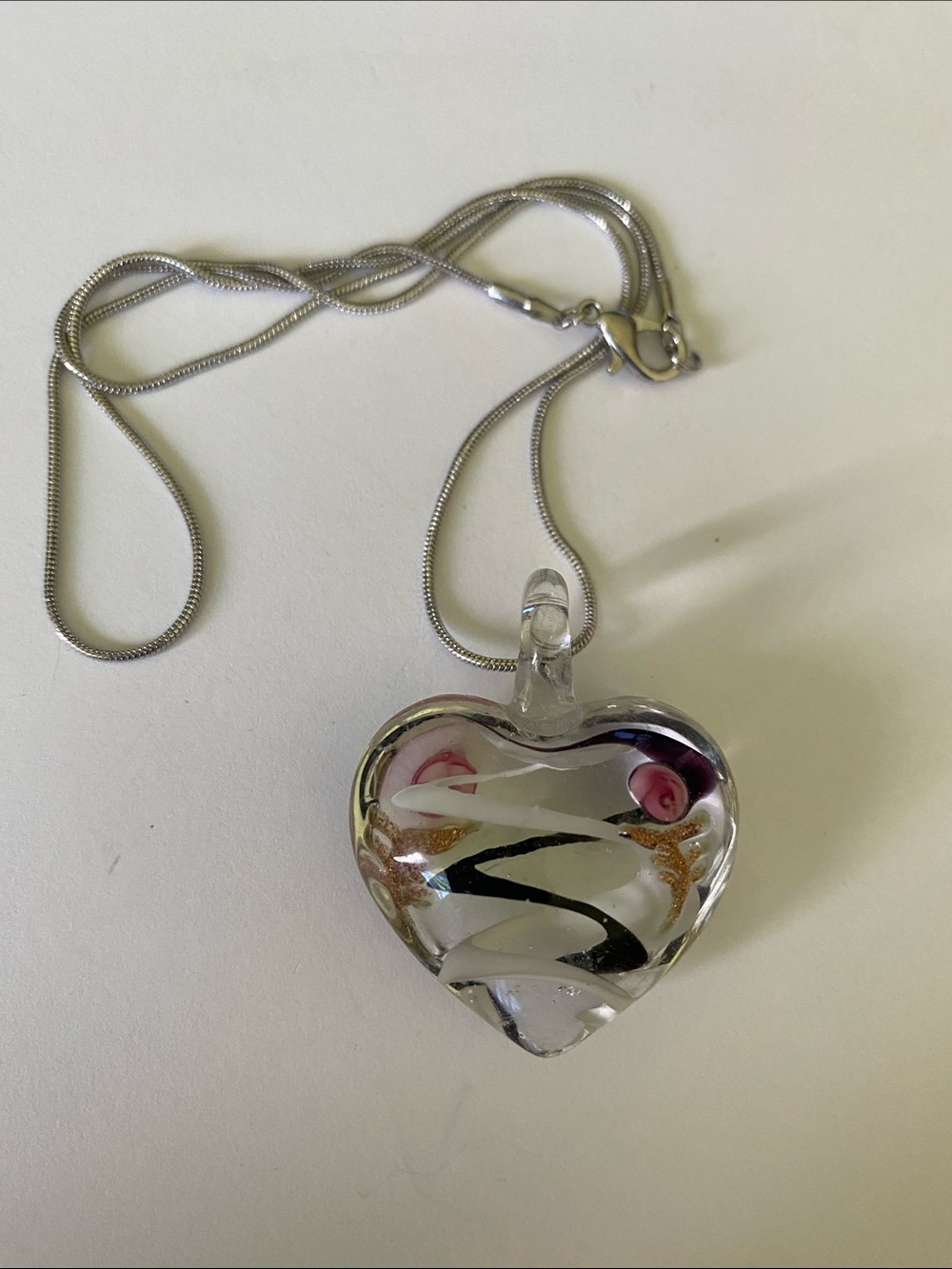 Artisan Clear Heart Glass Pendant Necklace with Pink and Gold Accents - Picture 2 of 5